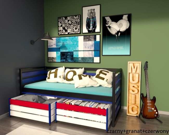 łóżko młodzieżowe Gilbert Premium dla nastolatka od z drewna sosnowego od producenta Valor Meble kolor czarny granat i białe szuflady z czerwowymu dodatkami.jpg