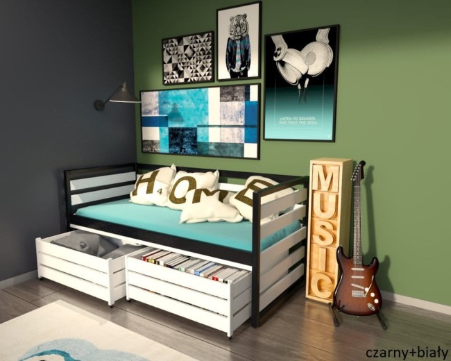 łóżko młodzieżowe Gilbert Premium dla nastolatka od z drewna sosnowego od producenta Valor Meble kolor czarny i białe szuflady.jpg