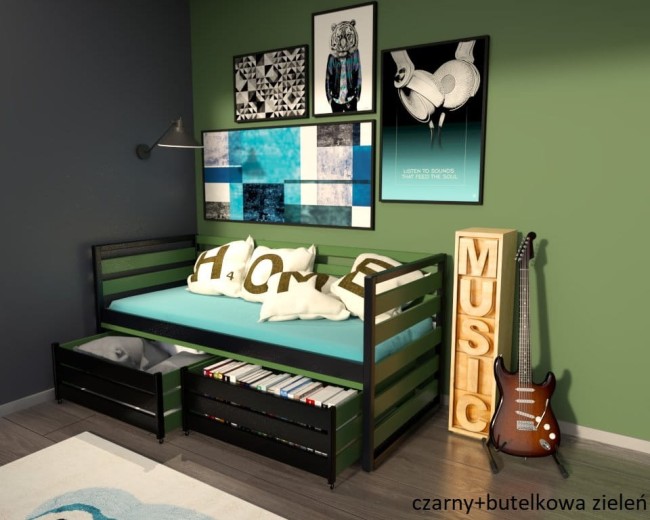 łóżko młodzieżowe Gilbert Premium dla nastolatka od z drewna sosnowego od producenta Valor Meble kolor czarny i butelkowa zieleń.jpg