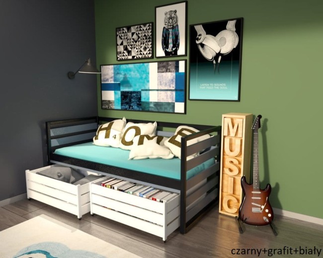 łóżko młodzieżowe Gilbert Premium dla nastolatka od z drewna sosnowego od producenta Valor Meble kolor czarny i grafit  i białe szuflady.jpg