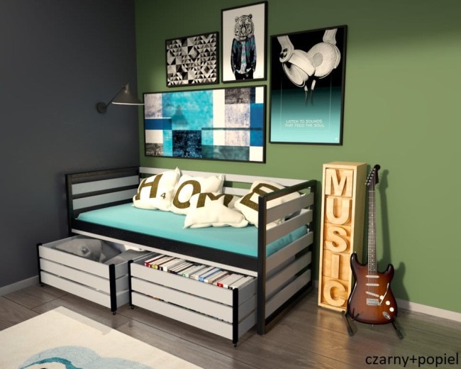 łóżko młodzieżowe Gilbert Premium dla nastolatka od z drewna sosnowego od producenta Valor Meble kolor czarny i popiel.jpg