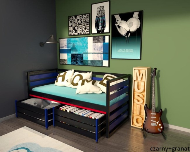 łóżko młodzieżowe Gilbert Premium dla nastolatka od z drewna sosnowego od producenta Valor Meble kolor czarny+granat.jpg