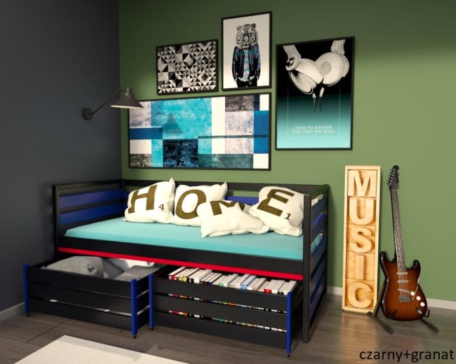 Łóżko dla 10 latka. łóżko młodzieżowe Gilbert Premium dla nastolatka od z drewna sosnowego od producenta Valor Meble kolor czarny+granatowy.jpg