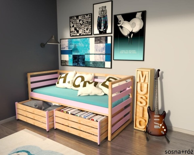 łóżko młodzieżowe Gilbert Premium dla nastolatka od z drewna sosnowego od producenta Valor Meble kolor róż i sosna.jpg