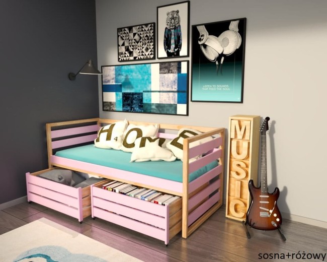 łóżko młodzieżowe Gilbert Premium dla nastolatka od z drewna sosnowego od producenta Valor Meble kolor różowy i sosna.jpg