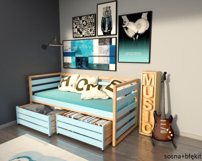 łóżko młodzieżowe Gilbert Premium dla nastolatka z drewna sosnowego od producenta Valor Meble kolor sosna błekit.jpg