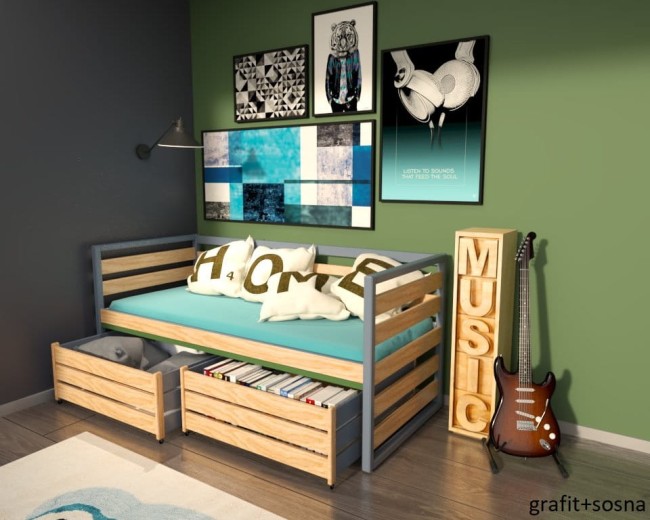 łóżko młodzieżowe Gilbert Premium dla nastolatka od z drewna sosnowego od producenta Valor Meble kolor sosna i grafit.jpg