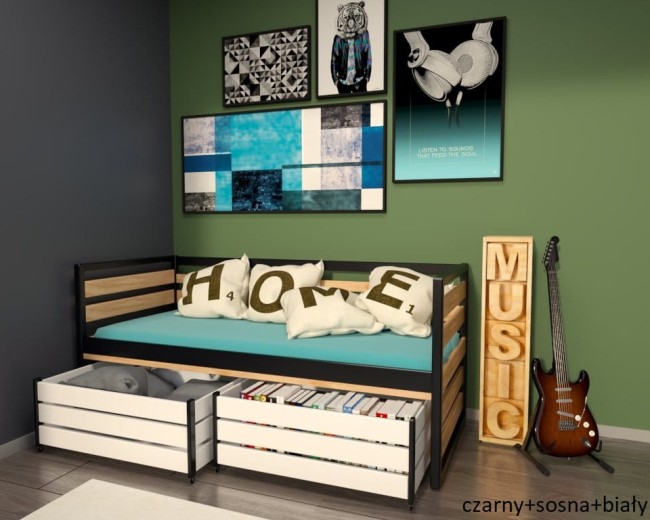 modne łóżko młodzieżowe Gilbert Premium dla nastolatka od z drewna sosnowego od producenta Valor Meble kolor czarny i sosna białe szuflady.jpg
