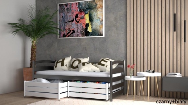 czarne łóżko młodzieżowe Mia Premium dla nastolatki kolor czarny i biel szuflady z funkcją stolika od producenta Valor Meble.jpg
