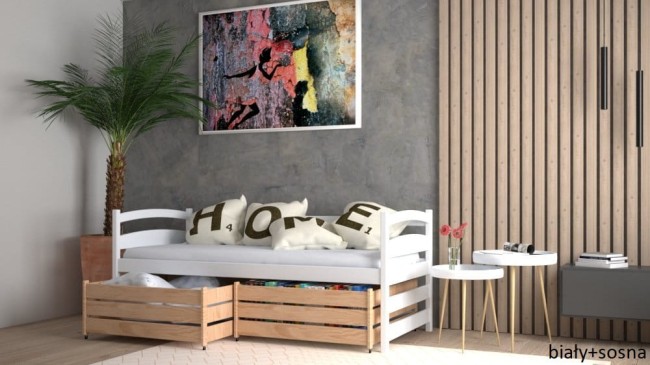 łóżko młodzieżowe Mia Premium dla nastolatki kolor biały i sosna naturalna szuflady z funkcją stolika od producenta Valor Meble.jpg