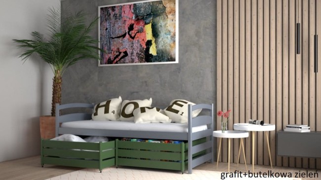 łóżko młodzieżowe Mia Premium dla nastolatki kolor grafit i butelkowa zieleń szuflady z funkcją stolika od producenta Valor Meble.jpg