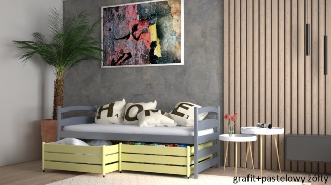 łóżko młodzieżowe Mia Premium dla nastolatki kolor grafit i pastelowy żółty szuflady z funkcją stolika od producenta Valor Meble.jpg