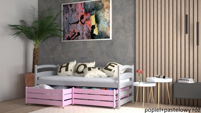 łóżko młodzieżowe Mia Premium dla nastolatki kolor popiel i róż  szuflady z funkcją stolika od producenta Valor Meble.jpg