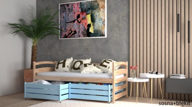 łóżko młodzieżowe Mia Premium dla nastolatki kolor sosna +błękit  szuflady z funkcją stolika od producenta Valor Meble.jpg