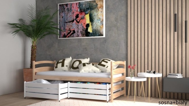 łóżko młodzieżowe Mia Premium dla nastolatki kolor sosna i białe szuflady z funkcją stolika od producenta Valor Meble.jpg
