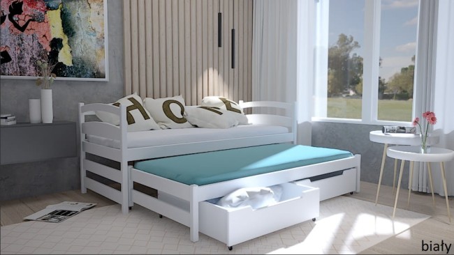 Białe łóżko z wysuwanym materacem Maja