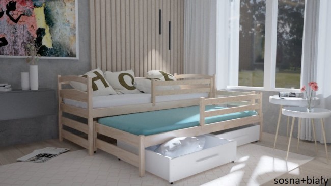 łóżko dziecięce Maja Premium wysuwane dwuosobowe dla rodzeństwa z drewna sosnowego na lata od producenta VAlor Meble kolor sosna i białe szuflady.jpg
