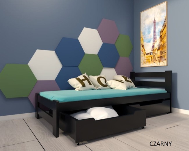 czarne łóżko z drewna w pokoju nastolatka Paweł 2 Premium z drewna sosnowego dla dzieci i młodzieży od producenta Valor Meble z szufladami w kolorze czarnym