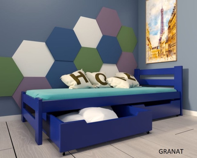 mocne łóżko drewniane w pokoju nastolatka Paweł 2 Premium z drewna sosnowego od producenta Valor Meble z szufladami kolor granat.jpg