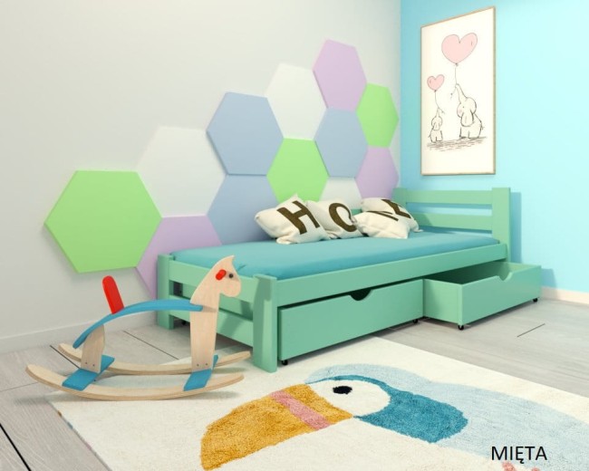 łóżko dziecięce z barierką Paweł 2 Premium z drewna sosnowego  od producenta Valor Meble z szufladami kolor mieta.jpg
