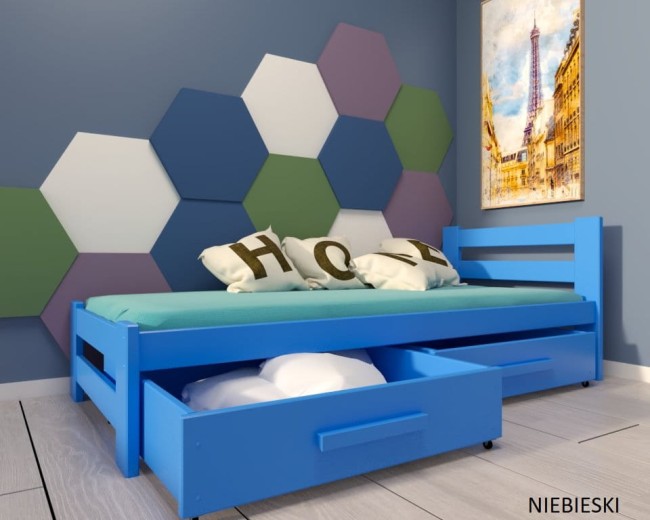 łóżko chłopaka z łóżkiem drewnianym Paweł 2 Premium z drewna sosnowego  od producenta Valor Meble z szufladami z uchwytem kolor niebieski.jpg