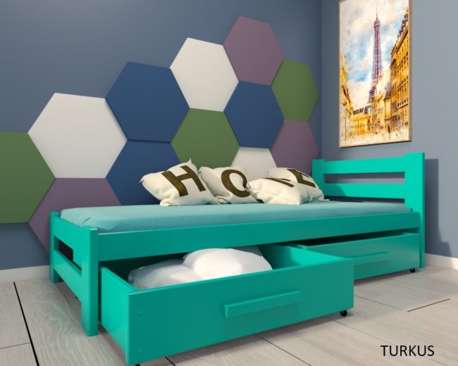 drewniane łóżko z dwiema szufladami  Paweł 2 Premium z drewna sosnowego q pokoju nastolatka od producenta Valor Meble z szufladami kolor turkus.jpg