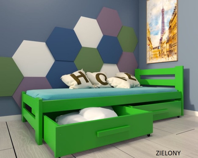 pokój nastolatka i zielone łóżko z szufladami  Paweł 2 Premium z drewna sosnowego  od producenta Valor Meble