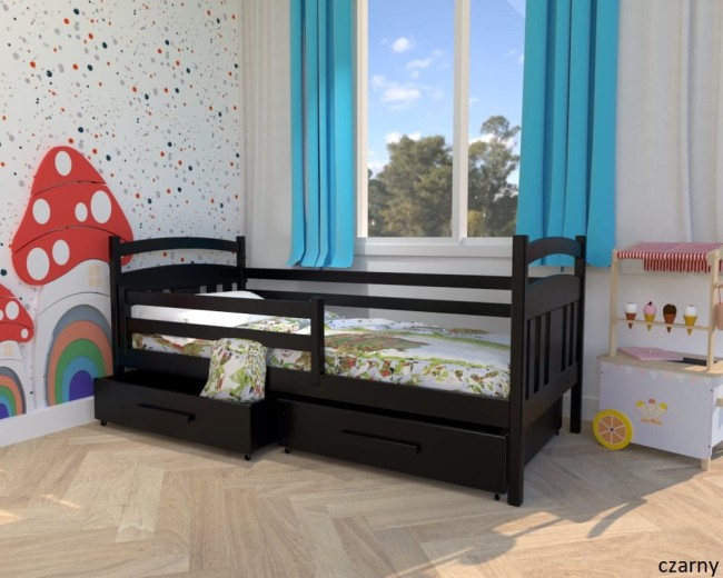 czarne łóżko dzieciece Tadek Premium z drewna sosnowego z szufladami i barierką od producenta Valor Meble.jpg