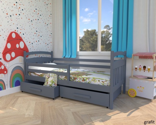 grafitowe lóżko dzieciece Tadek Premium z drewna sosnowego z szufladami i barierką od producenta Valor Meble.jpg