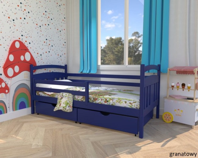 granatowe łóżko dzieciece Tadek Premium z drewna sosnowego z szufladami i barierką od producenta Valor Meble.jpg