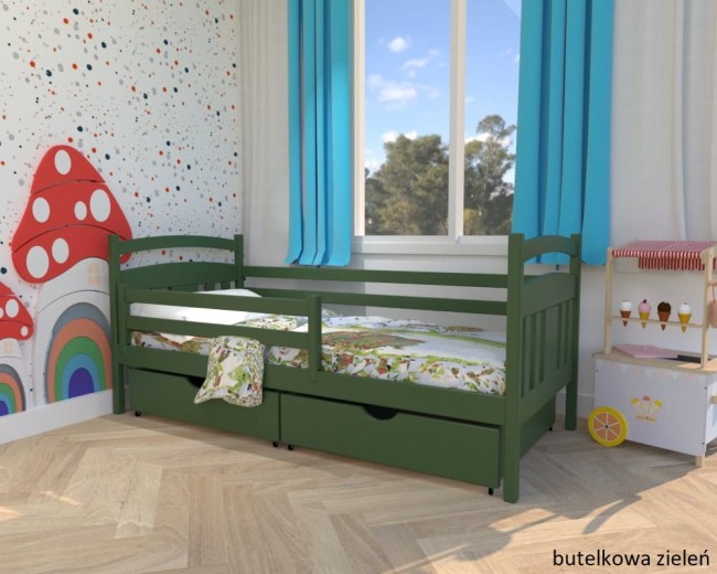 łóżko dzieciece Tadek Premium z drewna sosnowego z szufladami i barierką od producenta Valor Meble kolor butelkowa zieleń.jpg
