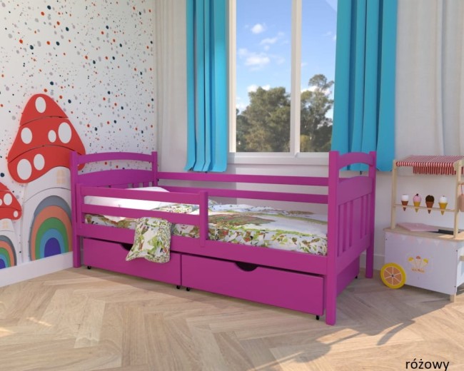 łóżko dzieciece Tadek Premium z drewna sosnowego z szufladami i barierką od producenta Valor Meble kolor róż.jpg