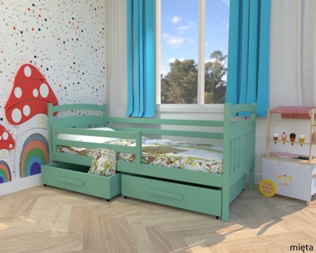 mietowe lóżko dzieciece Tadek Premium z drewna sosnowego z szufladami i barierką od producenta Valor Meble.jpg