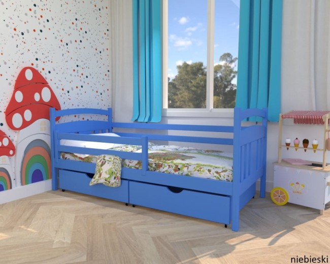 niebieskie  łóżko dzieciece Tadek Premium z drewna sosnowego z szufladami i barierką od producenta Valor Meble.jpg