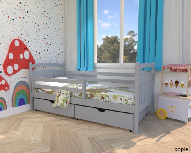 popielowe łóżko dzieciece Tadek Premium z drewna sosnowego z szufladami i barierką od producenta Valor Meble.jpg