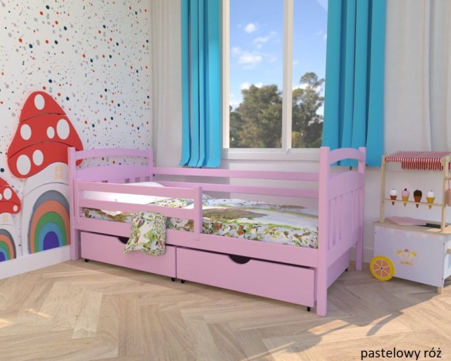 różowe łóżko dzieciece Tadek Premium z drewna sosnowego z szufladami i barierką od producenta Valor Meble.jpg