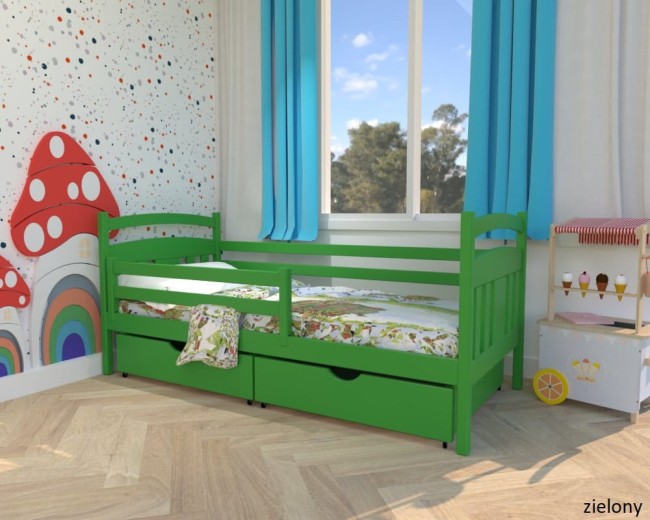 zielone łóżko dzieciece Tadek Premium z drewna sosnowego z szufladami i barierką od producenta Valor Meble.jpg