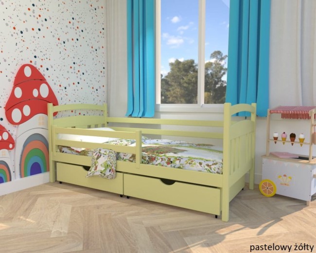 żółty łóżko dzieciece Tadek Premium z drewna sosnowego z szufladami i barierką od producenta Valor Meble.jpg