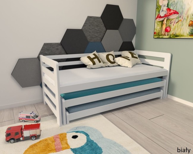 łóżko rozsuwane trzyosobowe  wysuwane dla rodzeństwa Fox Premium od producenta Valor Meble dla dzieci i nie tylko z drewna sosnowego kolor biały .jpg