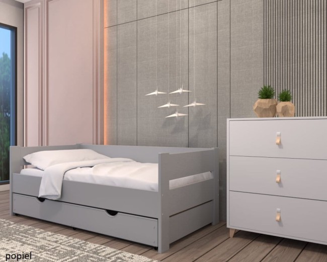 łóżko Jurek Premium pojedyncze dla młodzieży z drewna sosnowego z jedna szuflada od producenta Valor Meble kolor popiel.jpg