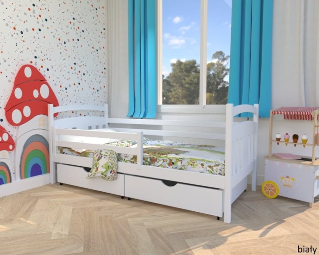 białe łóżko dzieciece Tadek Premium z drewna sosnowego z szufladami i barierką od producenta Valor Meble.jpg