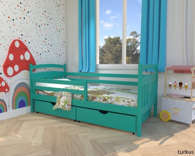 turkusowe łóżko dzieciece Tadek Premium z drewna sosnowego z szufladami i barierką od producenta Valor Meble.jpg