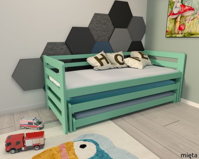 łóżko rozsuwane trzyosobowe  wysuwane dla rodzeństwa Fox Premium od producenta Valor Meble dla dzieci i nie tylko z drewna sosnowego kolor mięta.jpg