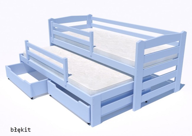 błękitne łóżko wysuwane Sara Premium dla rodzeństwa podwójne z drewna sosnowego od producenta Valor Meble z szuflada na pościel z barierką ochronną .jpg