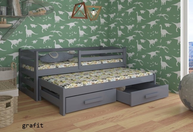 łóżko wysuwane Sara Premium dla rodzeństwa podwójne z drewna sosnowego od producenta Valor Meble z szuflada na pościel z barierką ochronną  kolor grafit.jpg