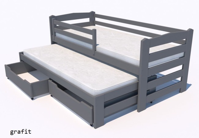 grafitowe łóżko wysuwane Sara Premium dla rodzeństwa podwójne z drewna sosnowego od producenta Valor Meble z szuflada na pościel z barierką ochronną .jpg