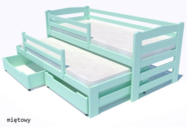 miętowe łóżko wysuwane Sara Premium dla rodzeństwa podwójne z drewna sosnowego od producenta Valor Meble z szuflada na pościel z barierką ochronną .jpg