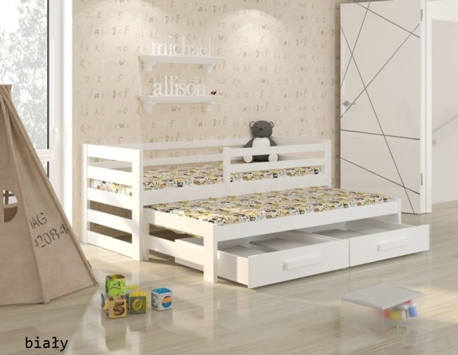 Białe łóżko dla dzieci Kubi Premium rozsuwane dla rodzeństwa wysuwane z drewna sosnowego premium solidne z szufladami i mobilnymi barierkami.jpg