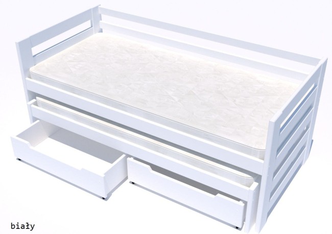 Białe łóżko dla dzieci Kubi Premium dla młodzieży rozsuwane dla rodzeństwa wysuwane z drewna sosnowego premium solidne z szufladami na pościel.jpg