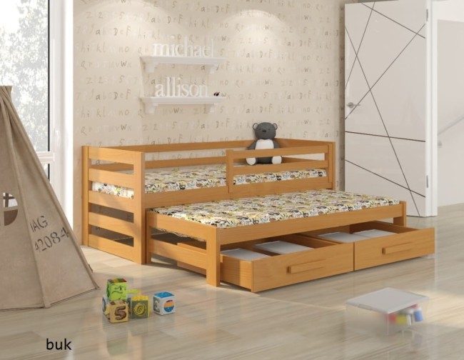 Łóżko dla dzieci Kubi Premium rozsuwane dla rodzeństwa wysuwane z drewna sosnowego premium solidne z szufladami i mobilnymi barierkami kolor buk.jpg
